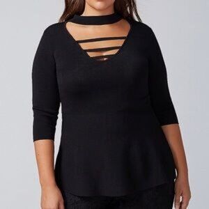 NWT Lane Bryant Choker Neck Peplum Tunic Size 22/24 Black Stretch Y2K Top Goth